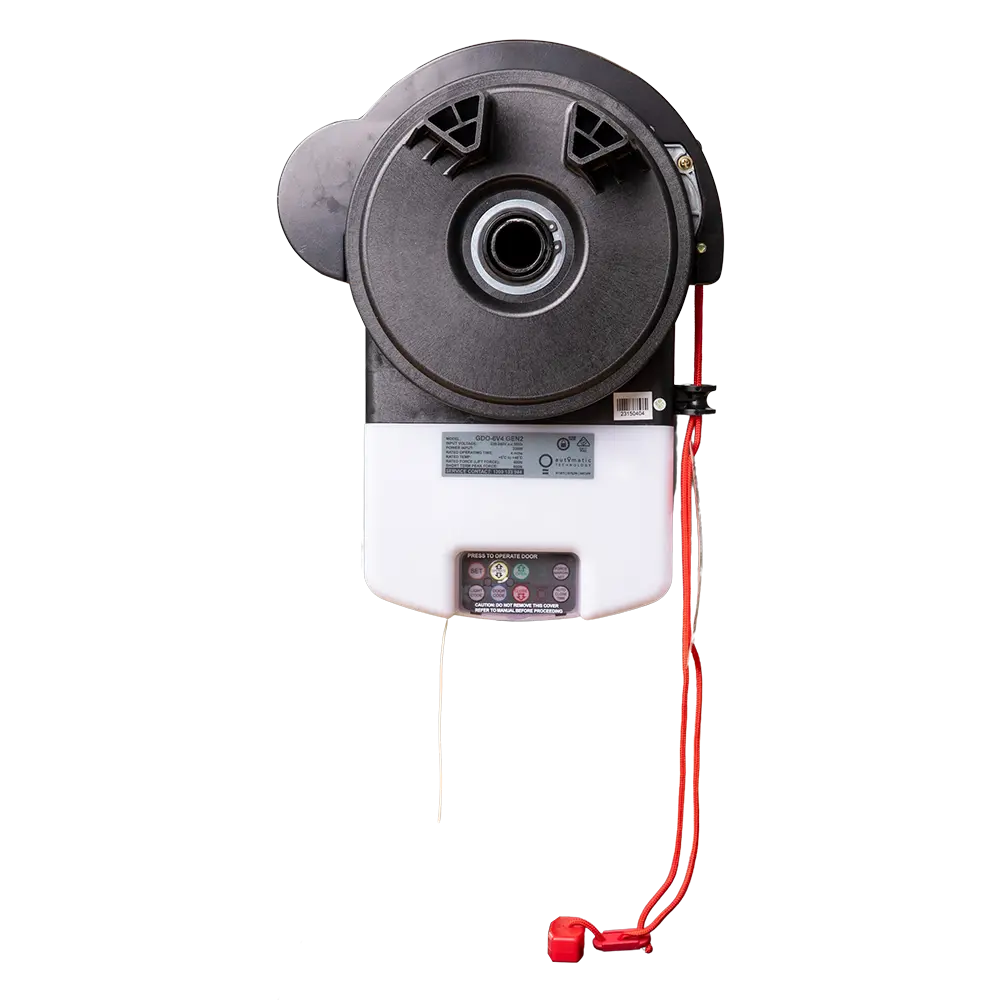 Garage door opener motor unit with red manual release cord and handle