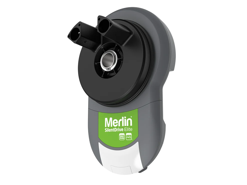 Merlin SilentDrive Elite automotive device in gray with a green label, showing a circular mechanism and two top connectors